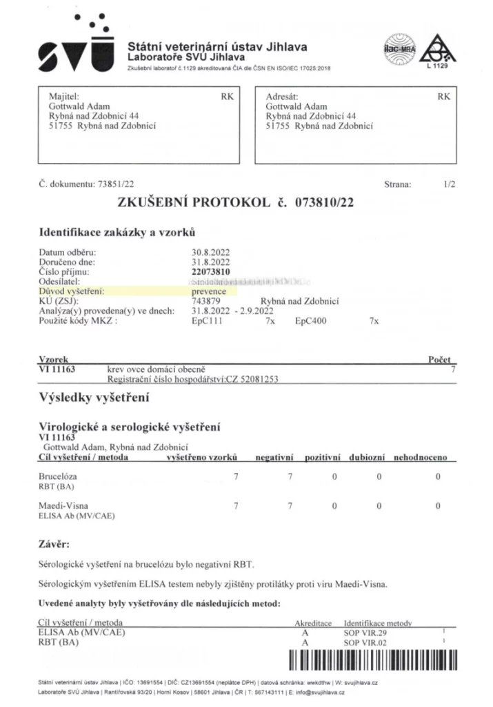 Vzor protokolu kontroly zdraví ovcí - ouessantská ovce
