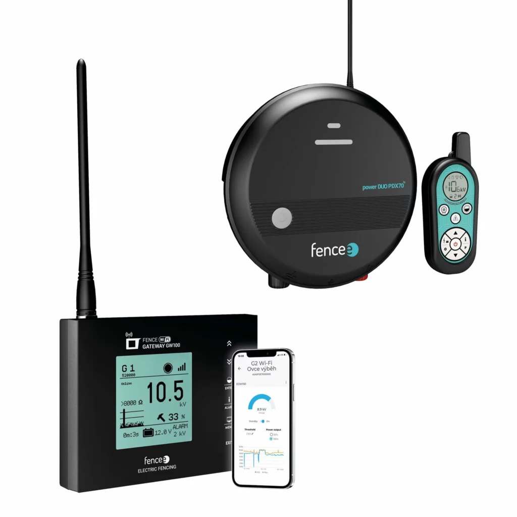 Kombinovaný zdroj elektrického ohradníku Fencee PDX70 s dálkovým ovladačem a WIFI Gateway GW100.