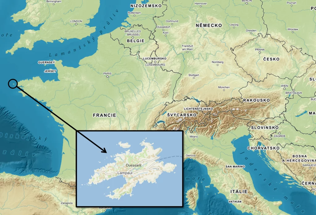 Mapa ostrova Ouessant, který leží nedaleko pobřeží Francie. Je to původní domovina ovcí plemene Ouessant.